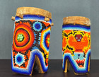 Two Huichol Beaded Miniature Drums  Carved Wood   Cow Hide  Mexico 4 5-5 