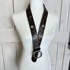 Vintage Tooled Leather Belt Studded Floral Cut Out Brown With Silver Buckle Sz M