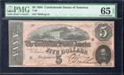 T-69 1864  5 Confederate Currency Pmg 65 Epq Civil War Note Five Dollar Bill Gem