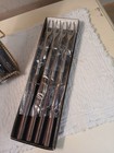 Vtg Mcm Fondue Forks 8 Riviera Solid Stainless Steel Wood Handles Japan 11in
