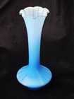 Hand Blown Art Glass Vase Blue White Cased Rib Optic Uv Glow Fluted Trumpet 7    