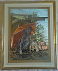 2 X Vintage Cute Dufex Foil Shimmery Framed  Prints Dog Cat  Puppy Sheltering 