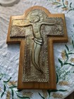 Large 16    Carolingian Crucifix Brass Wood Wall Cross Brutalist Vintage