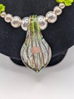Peruvian Green Chip Bead Necklace Earrings Set Art Glass Pendant Silver Tone