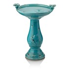 24 In tall Outdoor Ceramic Antique Pedestal Birdbath With 2 Bird Figurines turqu