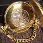 Gold Tone Full Hunter Skeleton Dial Pocket Watch W  Chain Roman Numerals