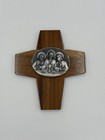 Vintage Mid Century Modern Teak Wood Crucifix W cast Metal pewter Holy Family