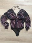 Women   s Free People Long Sleeve Bodysuit  Black purple Floral  Stretch  S