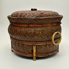 Antique Chinese Bamboo Lidded Sewing Basket 9    Footed Ring Handles
