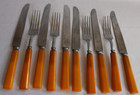 Vintage Bakelite Butterscotch Stainless Flatware Knives forks-10 Pieces