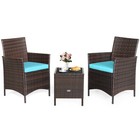 3pcs Outdoor Rattan Conversation Set Patio Furniture Set W  Blue Cushions