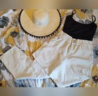 Forever 21 Women s Beige Straight Leg Denim Pants Elastic Waist Pockets Buttons