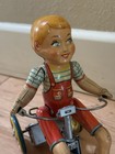 Vintage Antique 1930s Unique Art Tin Litho Wind-up Toy Kiddy Cyclist Tricycle