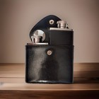 Vintage Beautiful Black And Stainless Steel Double Hip Flasks In Leather Case