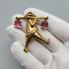 Vtg Water Carrier Brooch Pink Lucite Rhinestone Dangle Brass Gold Tone Asian Pin
