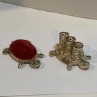 Vintage Turtle Lipstick Holder And Pin Cushion Gold Tone Filagree Make-up Vanity