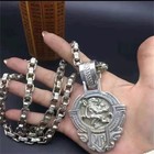 Ornate Tibetan Silver Lion Medallion 2-sides W  Heavy Chain Necklace