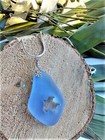 Hand Carved Sea Turtle Tortoise Blue Sea Glass Pendant Silver Necklace 18 