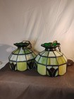     2 Vintage Slag Glass Stain Glass Lamp Shade Hanging Light Fixtures Green 10 