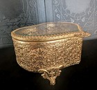 Vintage Heart Shaped Filigree Ormolu Jewelry Trinket Box With Hinged Beveled Lid