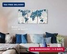 Blue World Map Canvas Wall Art 3 Piece Framed Modern Office Living Room 40x24