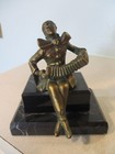 Bronze Art Deco Jester Playing Accordian Sitting On Marble Sculpture Figure
