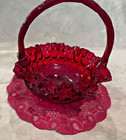 Vintage Fenton Ruby Red Glass Thumbprint Colonial Handle Basket Excellent Cond  
