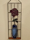 Vintage Stained Glass Panel Red Rose Suncatcher In A Vase Window Art