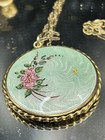 Vtg Floral    gold Guilloche Pendant Necklace Powder Compact Enamel Makeup Case