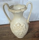 Vtg  Porcelain Embossed Cherub Vase Floral Design Gold Trim 10 5  Double Handle