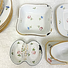 21 Vintage Childs Enamel Metal Floral Design Gold Gilt Plates Gravy Boat Tureen