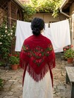 Vintage Red Floral Wool Scarf  1970s Ukrainian Folk Shawl  Ethnic Fringe Head