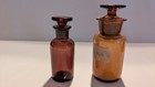 Antique Pharmacy Apothecary Amber Bottles Glass Stoppers 4 25  X 1 5  Orig Label