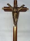 Vintage Wooden Wall Crucifix Cross Brass Cast Metal Jesus Christ 10  X 5 25   