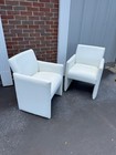 Pair Of Vintage Mid Century Modern Italian White Leather Dining Chairs Arm Rest