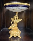 Antique French Style Bronze   Cobalt Blue Porcelain Centerpiece Compote Cherub