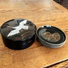 Japanese Bird Coaster Set Black Lacquer Box   5 Coasters Japan Vtg Blackgold Red