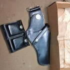 Police Black Leather Pistol Holster With Double Magazine Pouch