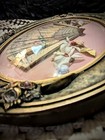 Antique Convex Bubble Glass Wooden Carved Ornate Oval Frame W asian Fan Dye Cut
