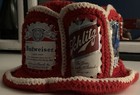 Vintage Crocheted Red   White Beer Can Hat W  Miller  Budweiser  Schlitz Labels