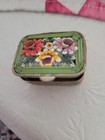 Gorgeous Antique Micro Mosaic Green With Flowers Floral Pill Box