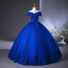 Blue Quinceanera Dress Off Shoulder Lace Ball Gown Prom Party Elegant Floral