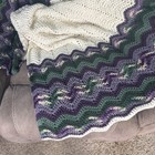 Crochet Afghan Throw Blanket 60x70  Off White Green Purple Scalloped Handmade