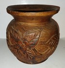 Huge Antique Primitive Deep Carved Flowers Turned Wood Vase Bowl  Hawaii 