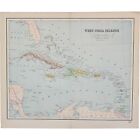 1891 Cuba Puerto Rico Caribbean Haiti West India Map Antique Color Victorian Era