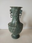 Pair Of Chinese Carved Celadon Vases W  Ring Handles