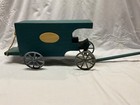 Vtg Wooden Cart Wagon Rolling Metal Wheels Handcrafted  blue 
