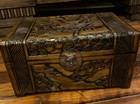 Chinese Hand Carved Camphor Wood Tea Chest Jewelry Box Brass Hinges Antique