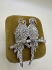 Vintage 1940s Lovebirds Rhinestone Brooch Figural Bird Pin Pot Metal Pave Baguet