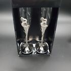 Set Of 2 Tall Stemmed Champagne Toasting Glasses Silvertone Hearts Love Wedding